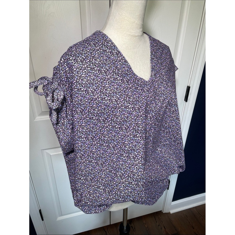 New Handmade V-Neck‎ Purple Printed Tie-Sleeve Bubble Blouse Elastic Waist